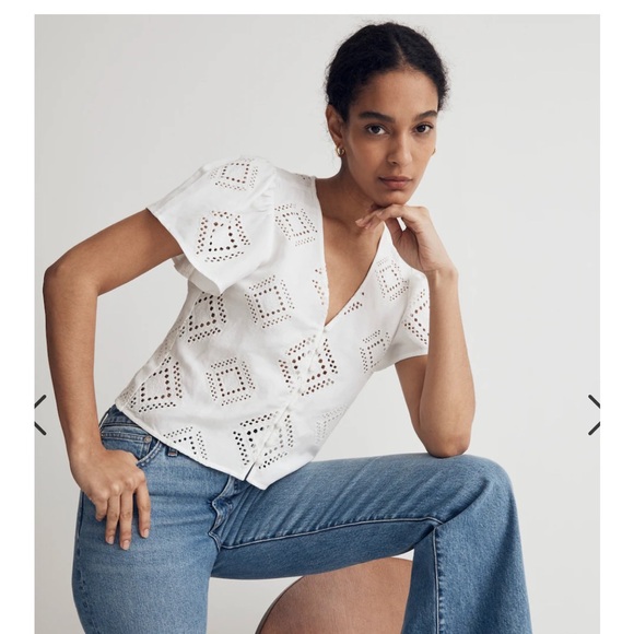 NWT Madewell Linen White Short Sleeve Eyelet Flutter Button Down Top Small - Picture 1 of 7